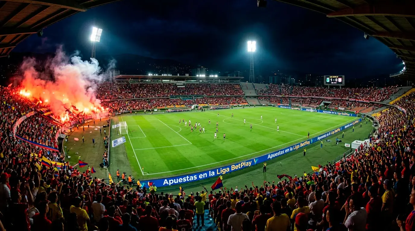 Apuestas en la Liga BetPlay Dimayor con vista de estadio de fútbol colombiano