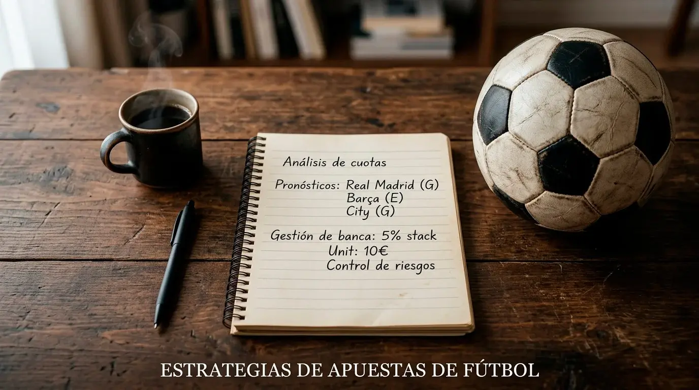 Estrategias de apuestas de fútbol con cuaderno de análisis y balón sobre césped