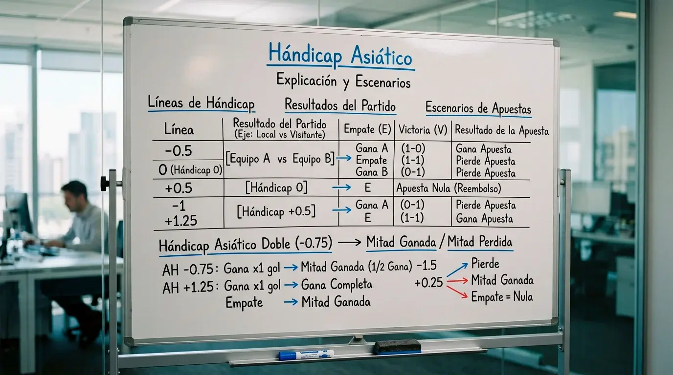Explicación del hándicap asiático en apuestas de fútbol con ejemplos de líneas y escenarios