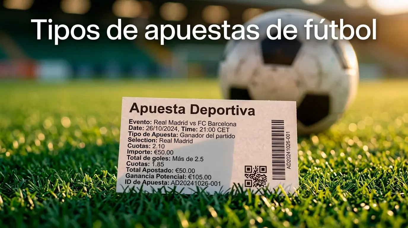 Tipos de apuestas de fútbol con tablero de cuotas junto a un campo de juego